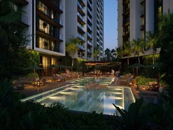 Luxury swimming pool between residential tower